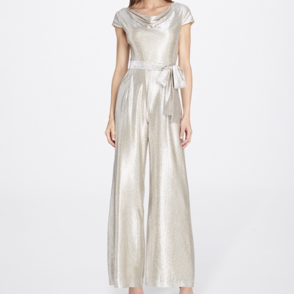 Silver Tahari ASL Metallic Cowl Neck Jumpsuit